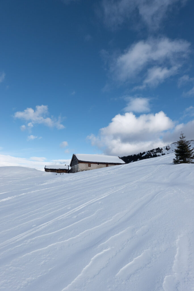 Unterhalb des Schwarzkogels in den Kitzbüheler Alpen mit einer verschneiten Alm.