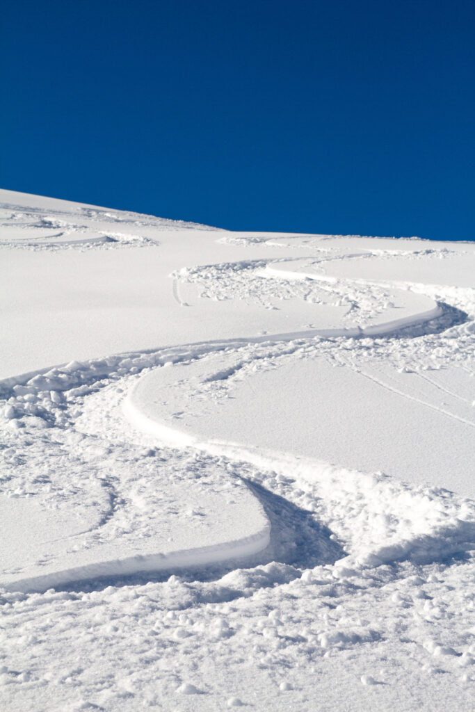 Eine schöne Skispur im Tiefschnee