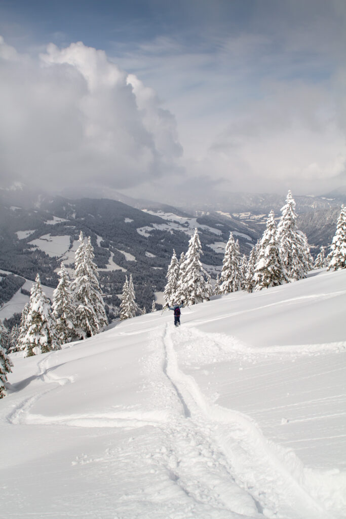 Skitour auf das Feldalphorn von der Wildschönau aus in einer verschneiten Landschaft
