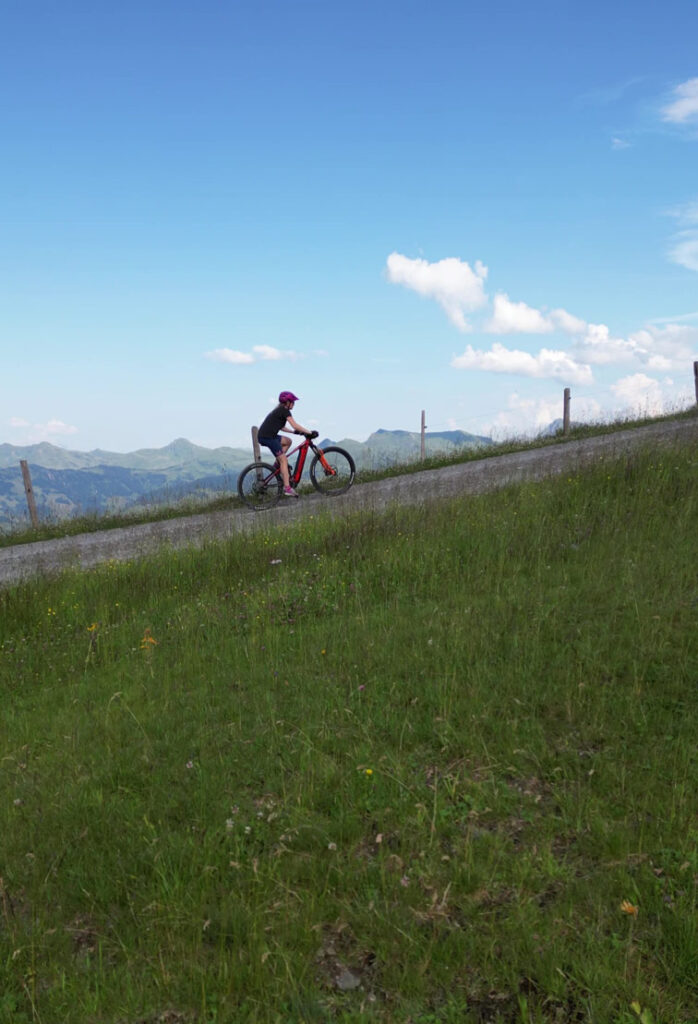 Fahrradfahrerin auf einem Bergkamm. Biken wird das große Thema im Sommertourismus.