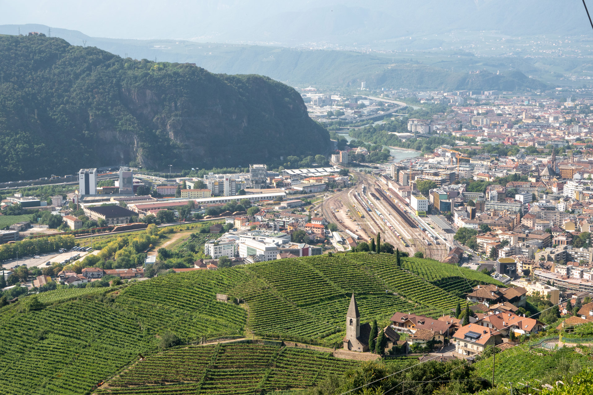 Blick auf Bozen mit Weinbergen. MTB Tour auf das Rittner Horn.