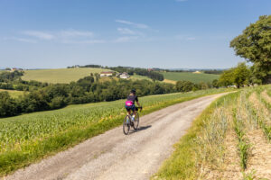 Ein Radweg in einer hügeligen Landschaft mit einer Gravelbikerin.