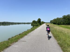 Gravelbike neben der blauen donau am Donauradweg