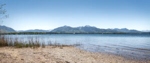 Der Chiemsee an einem sonnigen Tag auf einer Gravelbike Tour.