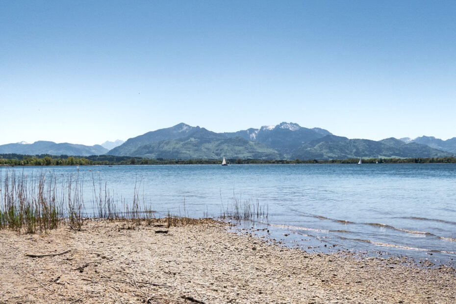 Der Chiemsee an einem sonnigen Tag auf einer Gravelbike Tour.
