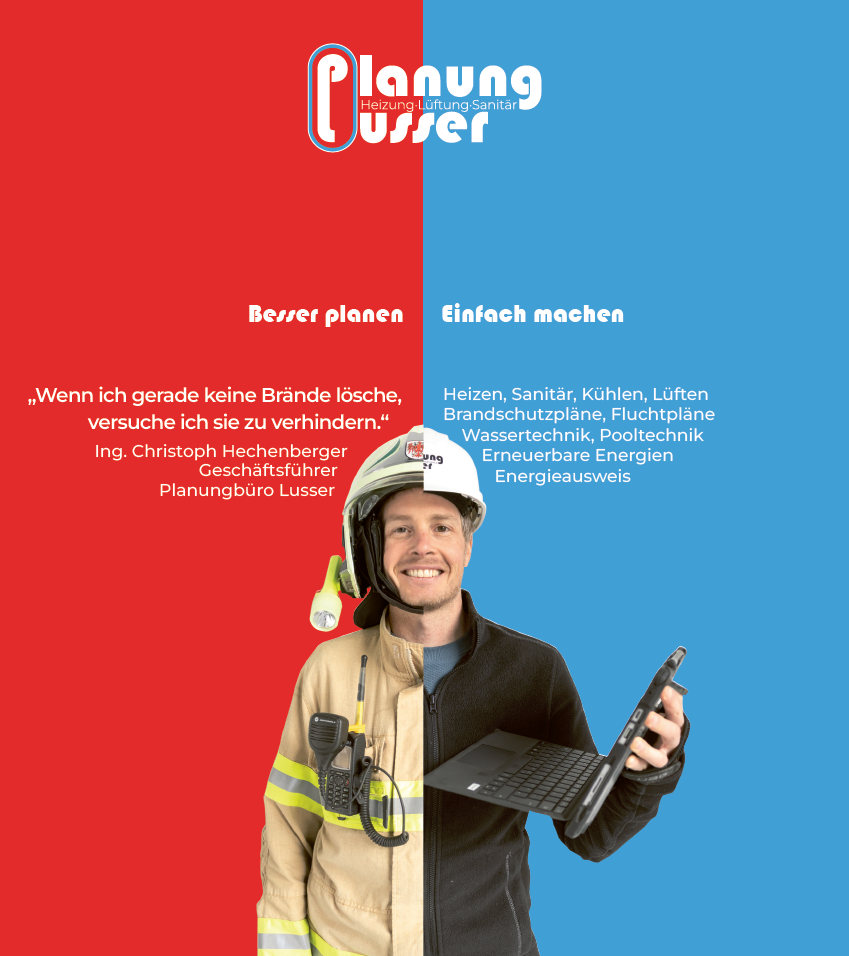 Werbeanzeige für ein Planungsbüro. Eine Person ist zur Hälfte Feuerwehrmann und zur Hälfte Ingenieur für Planungsaufgaben.
